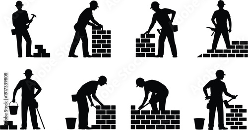 Construction workers silhouette set, bricklaying masonry builders with tools, wall building industry labor isolated illustration
