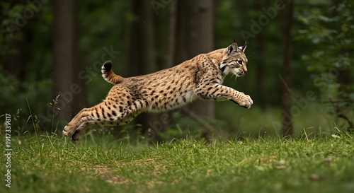Lynx in mid-air leap through a lush green forest with trees in the background