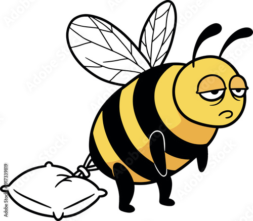 Sad Cartoon Bee Carrying Pillow in White Background