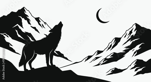 A sleek, dark wolf silhouette against a rocky, snow-covered landscape. Emphasize the silhouette’s form and the texture of the snow