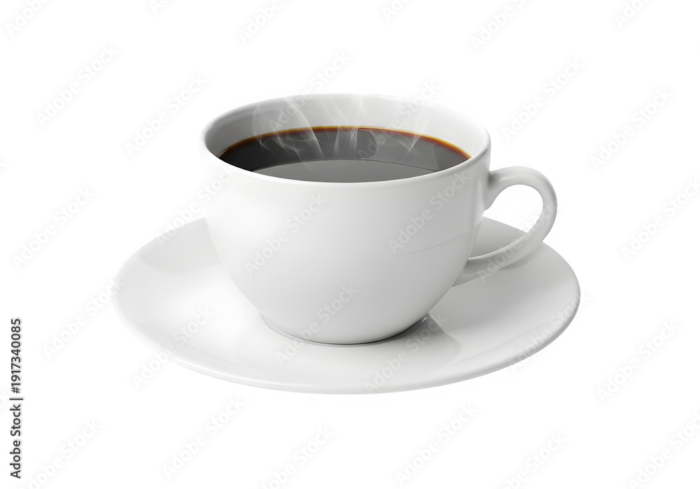 Obraz premium White Ceramic Coffee Cup with Black Coffee on Saucer Isolated on White or Transparent Background