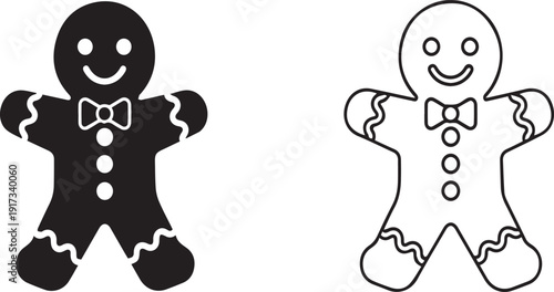 Gingerbread man cookie vector illustration set. Includes a solid black silhouette and an outline version of the classic holiday treat. Created in a simple flat style with a monochrome palette.