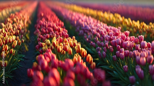 Vibrant tulip field rows in blooming garden with colorful flowers
