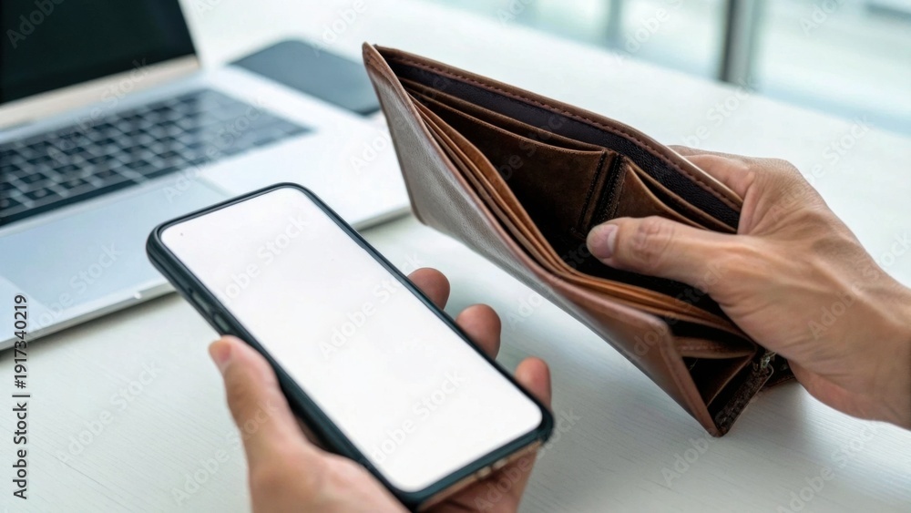 Naklejka premium A person holds a smartphone in one hand and an empty wallet in the other, suggesting financial concern or budgeting challenges.