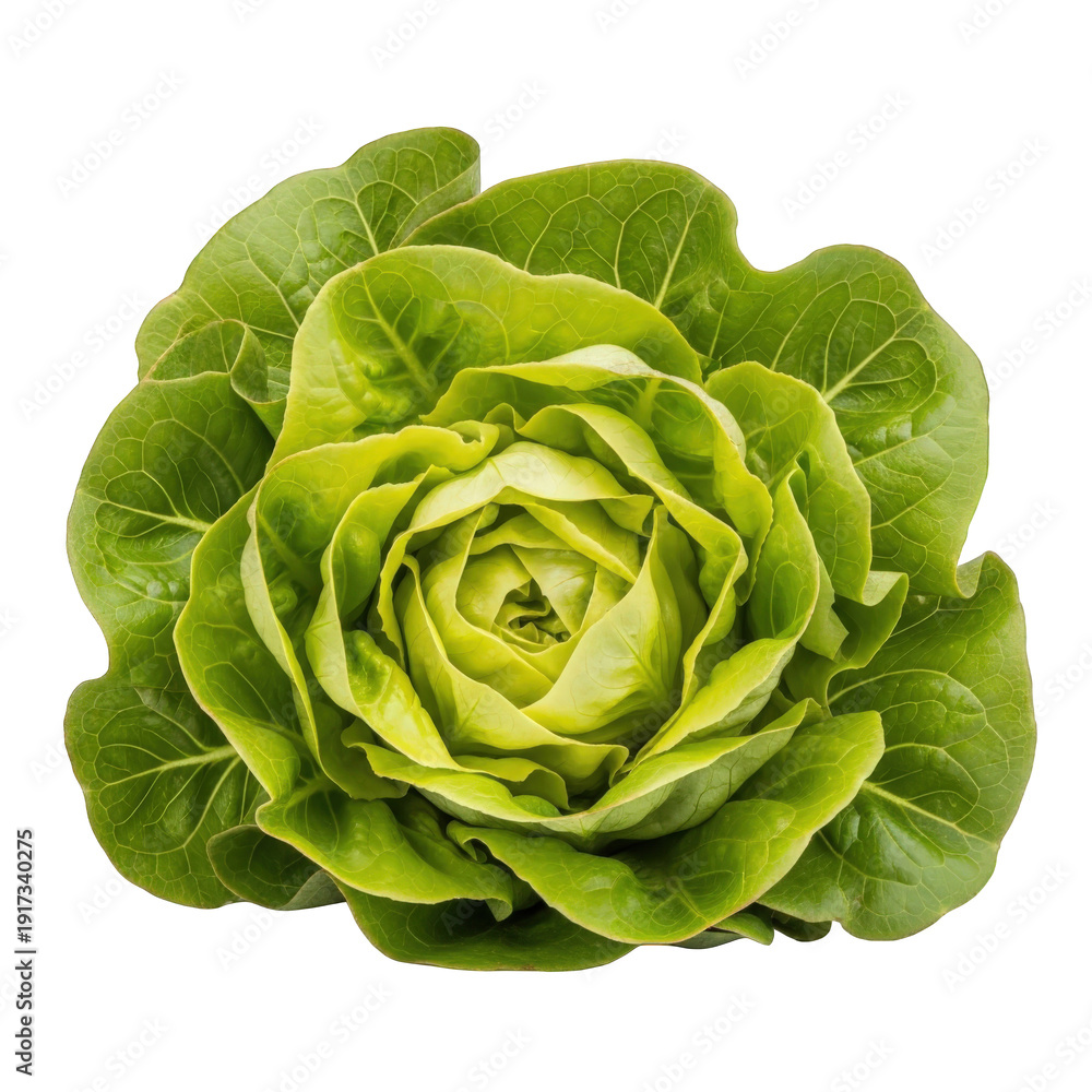 Fototapeta premium Fresh green butterhead lettuce head, crisp raw vegetable food ingredient for healthy cooking, organic garden harvest isolated on Transparent Background