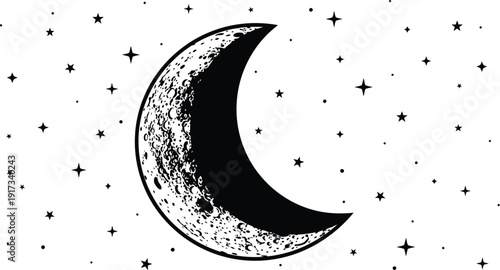 A stylized silhouette of a crescent moon against a starry night sky.  Focus on the shape and the feeling of vastness