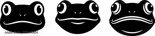 Three black frog faces with distinct expressions illustrated in a row from a front viewpoint
