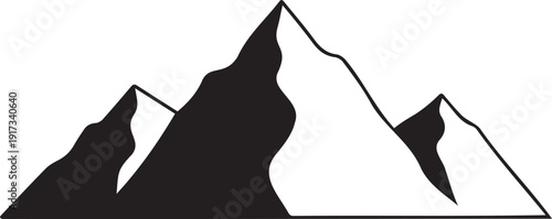 Minimalist black and white mountain range vector illustration with three peaks, featuring sharp outlines and contrasting dark and light areas, isolated on a transparent background.