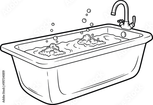 Bathtub Filled with Bubbles and Water on White Background