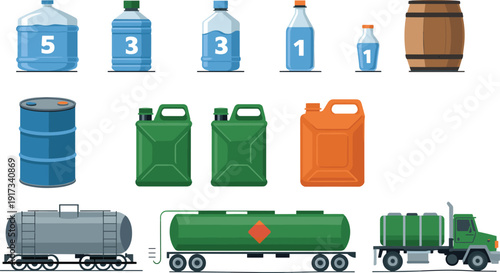  Liquid storage containers, industrial barrels, jerry cans, tanker trucks, rail tank cars, large tanks for fluid transportation