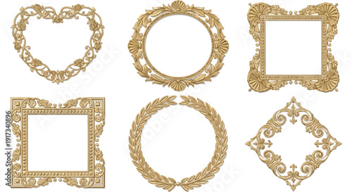Set of 6 Vintage Gold Ornate Frames and Laurel Wreath Borders Isolated on White Background