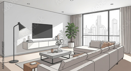 Modern Living Room Interior Design Sketch with Furniture and Large Windows.