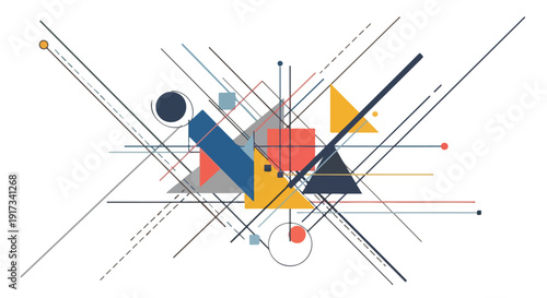 Abstract Geometric Composition with Modern Shapes and Minimalist Lines on White Background