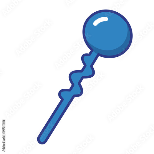 Blue cocktail stirrer stick with round top isolated on white background, featuring a wavy handle design and glossy finish