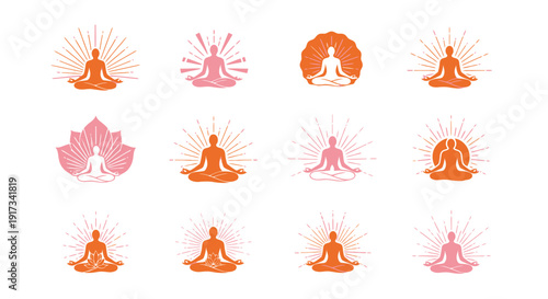 Meditation Yoga Pose with Sunburst Logos: Spiritual Awakening & Zen Icons