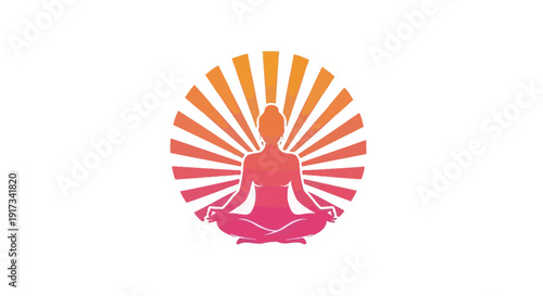 Woman Meditating Lotus Pose Logo with Vibrant Sunburst Aura Design