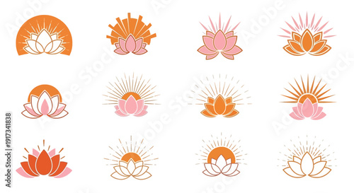 Set of Lotus Flower Logos with Sunburst: Wellness, Spa & Yoga Symbols