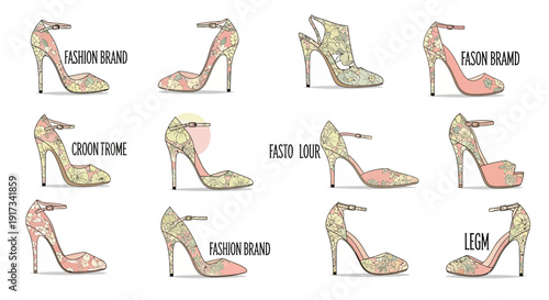 Fashionable floral high heel shoes collection, vector art