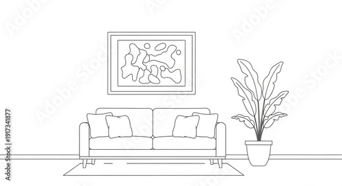 Minimalist living room sketch with sofa and plant.