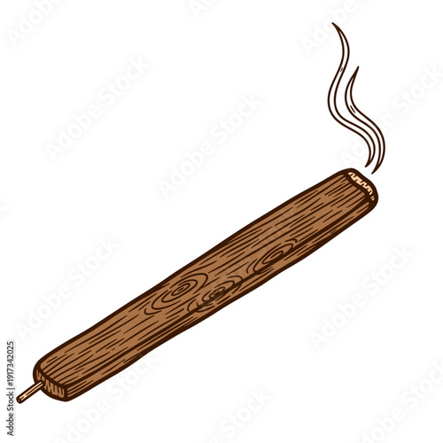 Illustration of a sandalwood incense stick with smoke curling upwards, isolated on a white background, showcasing detailed wood grain texture