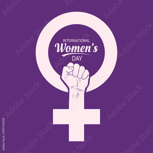 Strong raised clenched fist emerging from a venus gender symbol for International Womens Day representing female power protest for rights