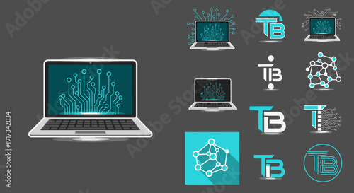 Tech Blog Branding Kit with Laptop and Abstract Connectivity Logos
