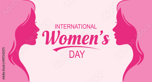 Beautiful minimalist vector illustration of two female profiles facing each other on a bright pink background for International Womens Day celebration representing sisterhood friendship global gender 