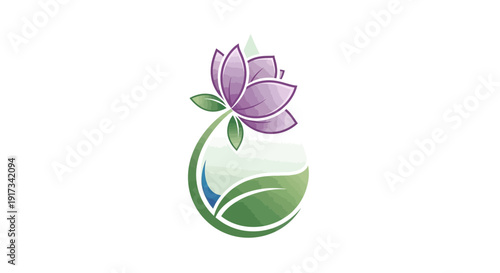 Elegant Lotus Flower in Green Water Drop Logo - Nature & Wellness Concept