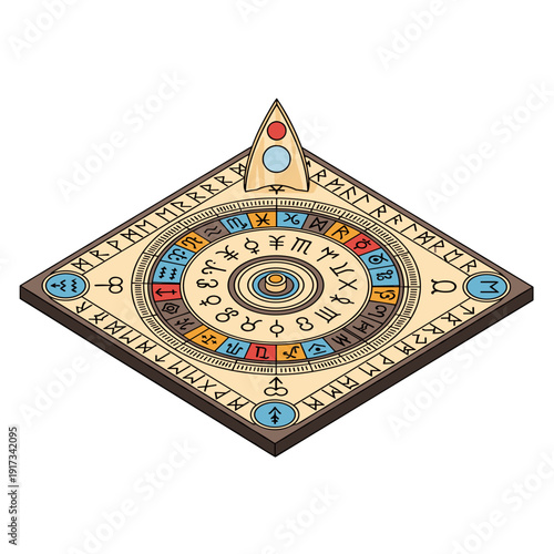 Illustration of a mystical divination board with intricate symbols and a triangular pointer, isolated on a white background, showcasing an esoteric design