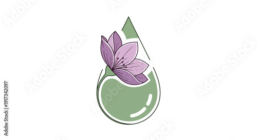 Minimalist Purple Flower in Green Water Drop Icon - Natural Beauty Concept