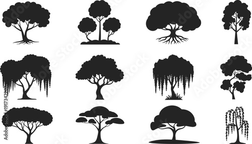 Silhouette tree collection, diverse foliage shapes, willow, rounded canopy, landscape design, nature illustration, black vector art