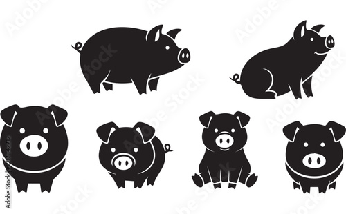Six black pig silhouettes vector collection. Includes adult pigs standing and sitting, and cute piglets in various poses. Created in a flat, solid black style.