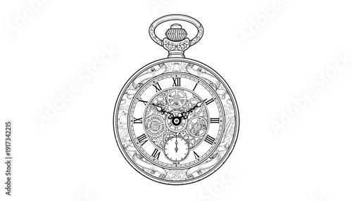 Vintage Pocket Watch Illustration - Antique Timepiece with Roman Numerals and Gears