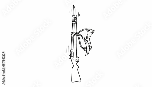 Vintage Rifle with Bayonet and Decorative Cord - Black and White Illustration