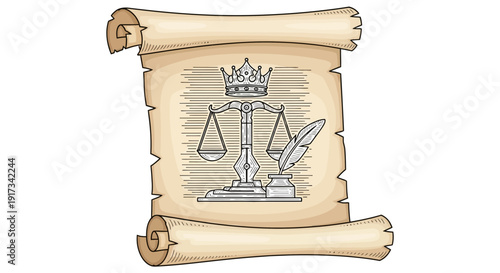 Vintage scroll with scales of justice, crown, quill, and inkwell - symbol of law and order