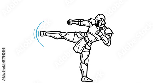 Warrior Performing Dynamic Side Kick in Futuristic Armor