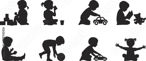 Silhouettes of children playing, reading, drinking, exploring, learning, engaging in early childhood activities, growth, development, imagination