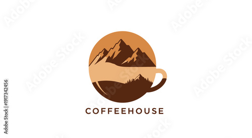 Mountain Coffeehouse Logo with Nature Landscape & Rustic Charm