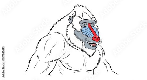 White Mandrill Portrait - Muscular Primate with Blue and Red Face, Closed Eyes