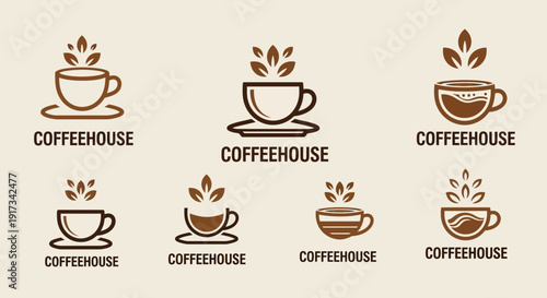 Collection of Coffeehouse Logos with Leaves & Cups - Cafe Branding Vector Set