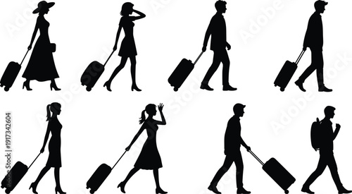 Silhouettes of diverse travelers walking with suitcases, airport passengers in transit, business and leisure travel concept illustration