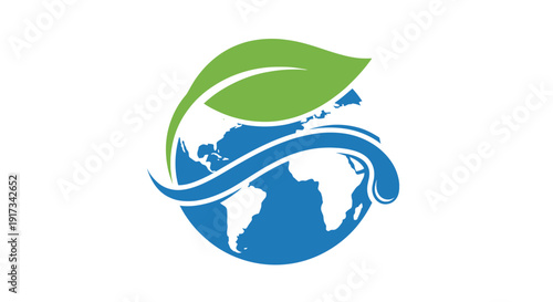 Eco-Friendly Globe Logo with Growing Leaf and Water Swirl