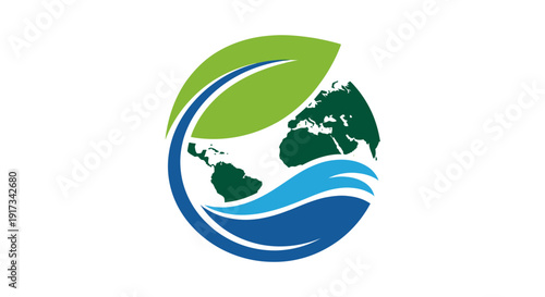 Global Sustainability Logo with Leaf, Waves, and Continents