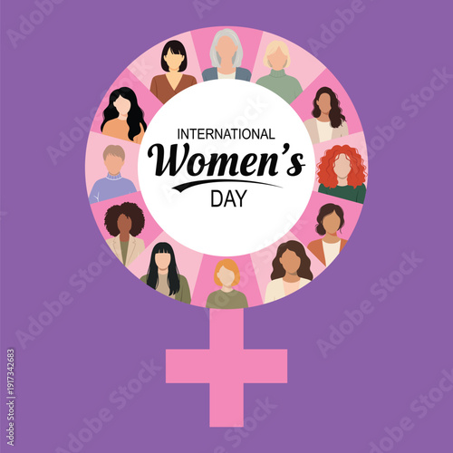 Pink venus gender symbol containing diverse multicultural female faces for International Women's Day celebration representing global sisterhood variety and unity of women across all cultures