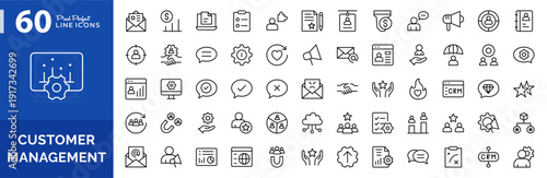 Customer Management line icon set. CRM, customer data, relationship, analytics, marketing, support, sales pipeline, client management icons vector illustration. Editable pixel-perfect stroke icon