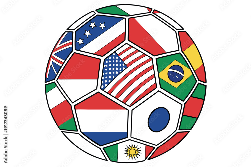 Obraz premium Vector illustration of national flags forming football shape illustration.