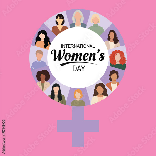 Purple venus gender symbol featuring diverse female portraits arranged in a circular collage for International Women's Day representing unity sisterhood and the global empowerment of women