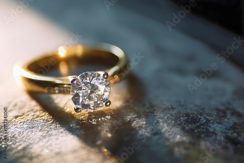 Golden diamond ring on textured surface with sunlight casting shadows