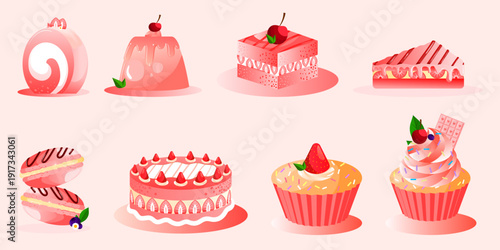 Set of pink strawberry desserts including cakes, pudding, and macarons. Cute sweet vector food illustration for bakery menu