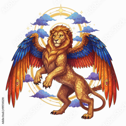 Mythical Lion Creature with Vibrant Wings and Celestial Aura, Symbolizing Power and Freedom in a Surreal Illustration
